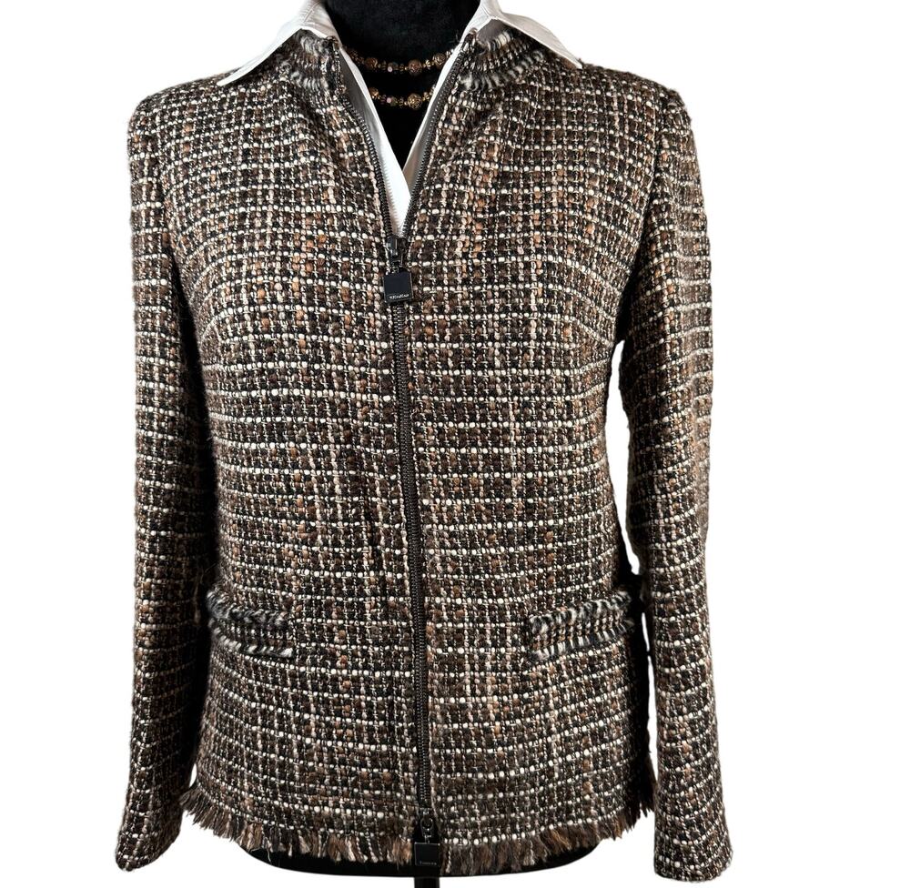 'S Max Mara Women's Brown Wool Tweed Zip Front Cropped Blazer Jacket Sz 2